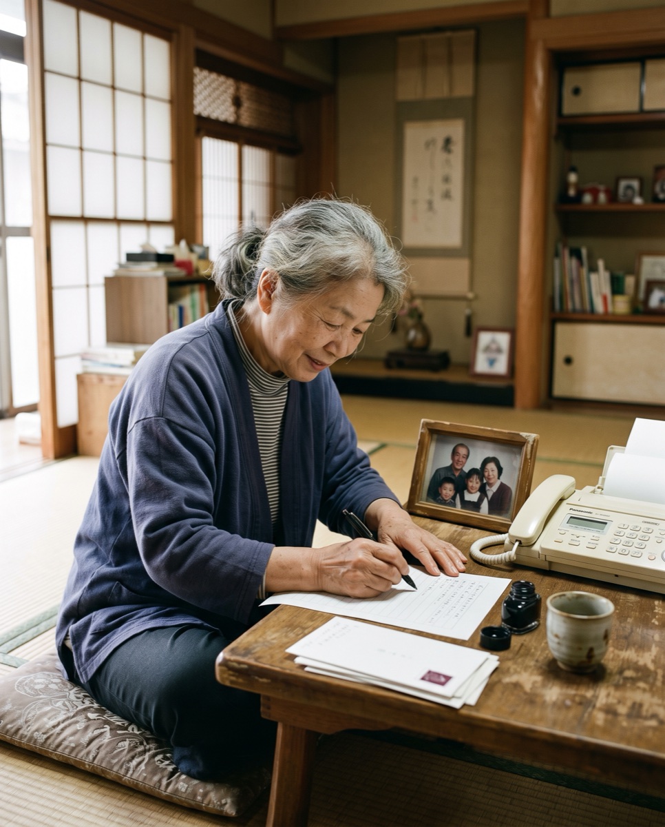 A mother writing a letter to family on her familiar fax machine