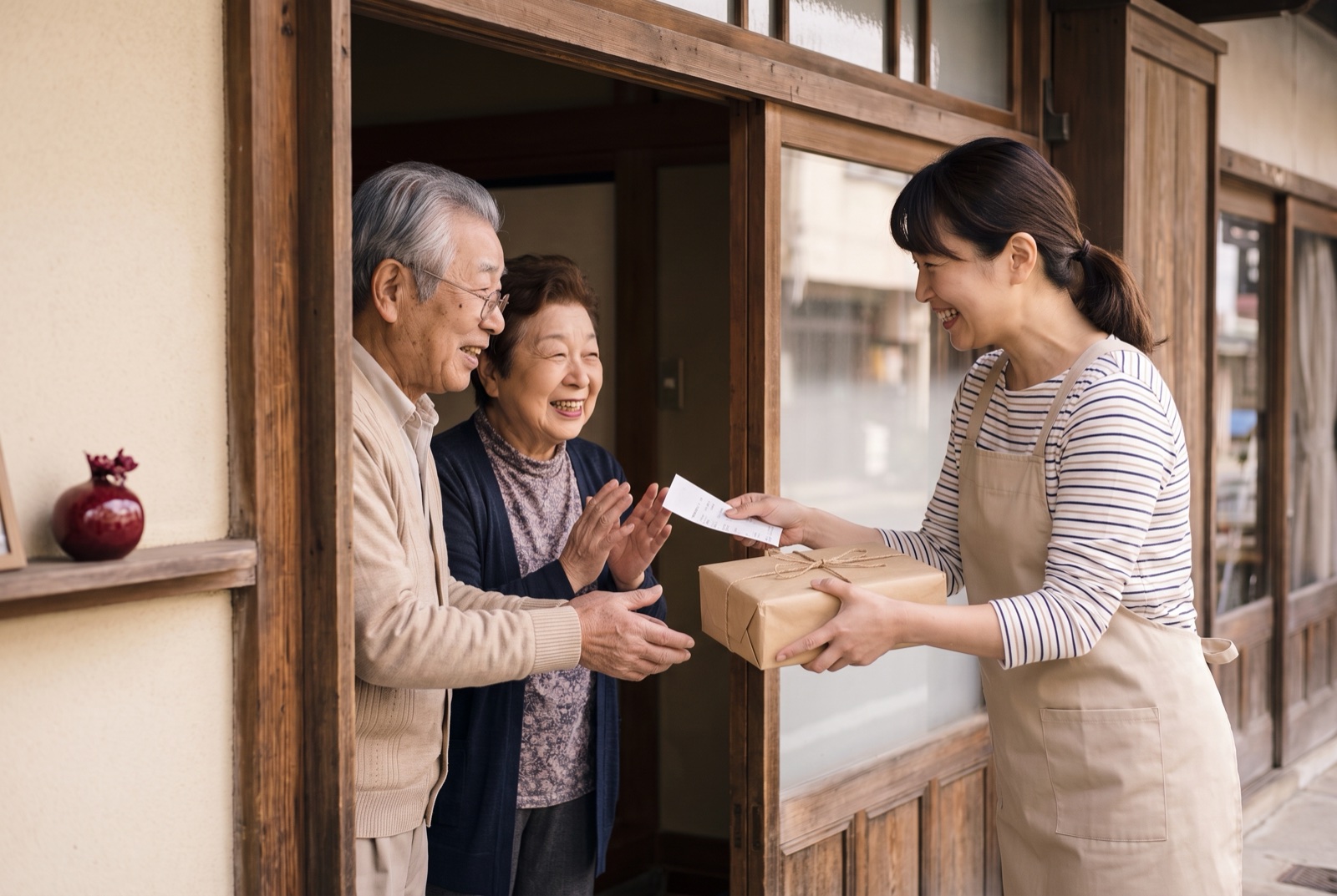 An elderly couple receiving goods from a local shop