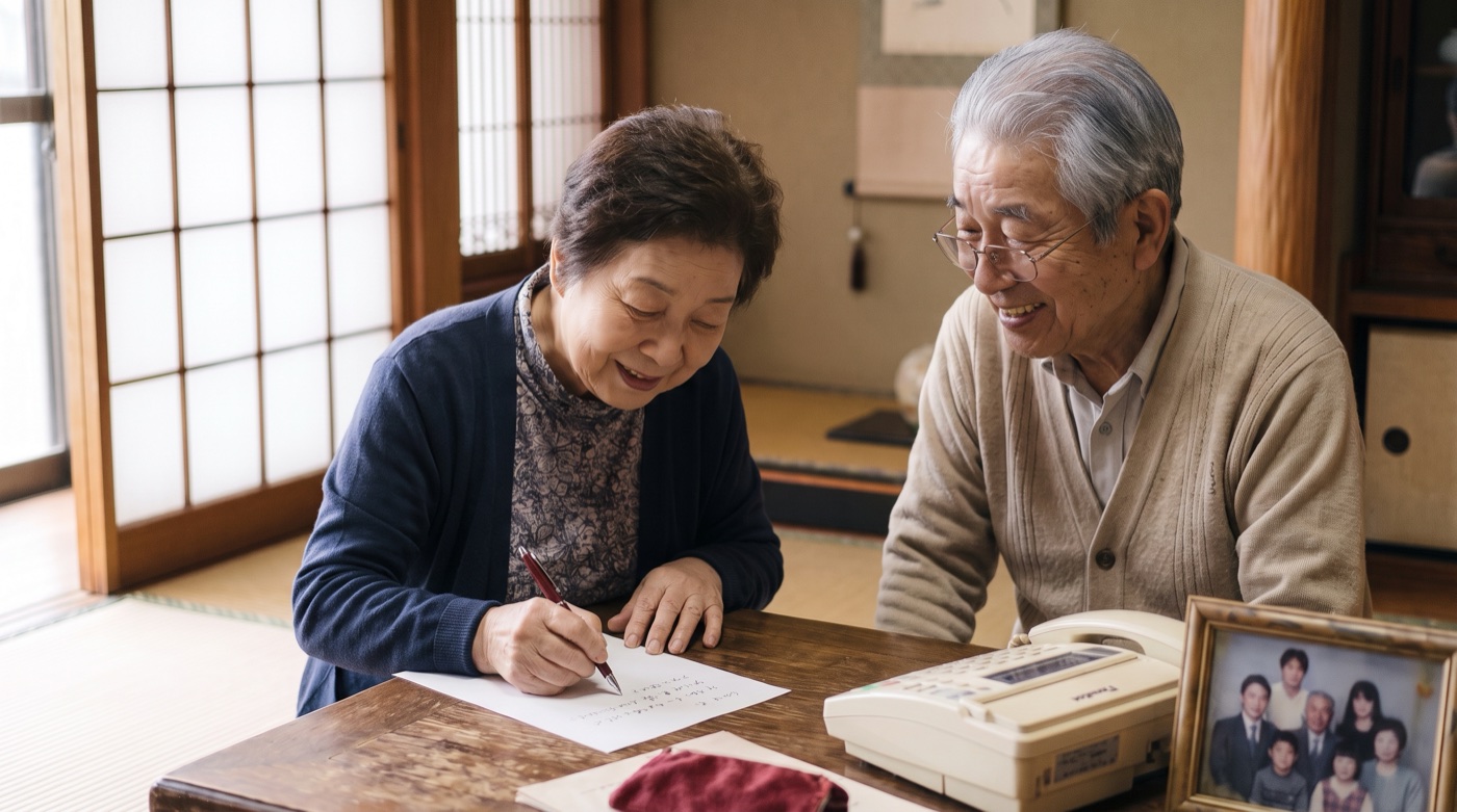 An elderly person's hands writing a letter on paper