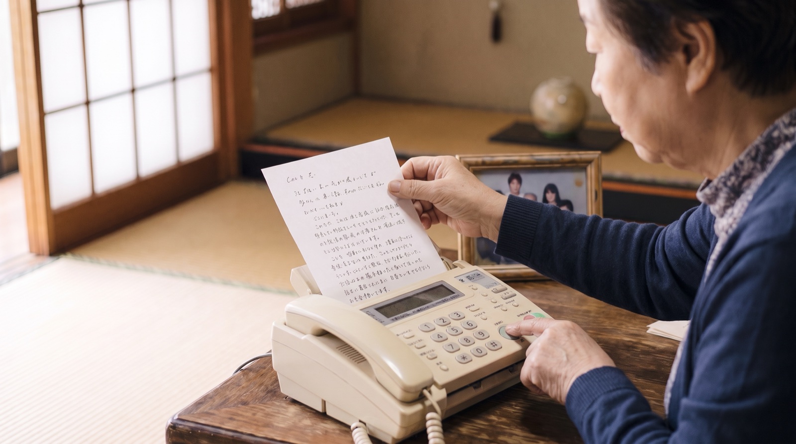 A hand feeding a page into a home fax machine