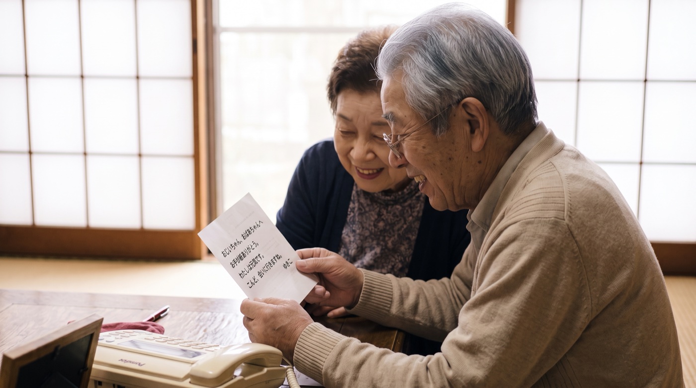 An elderly woman smiling as she reads a fax reply